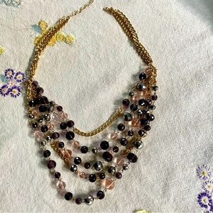 Multi Strand Crystal Beaded Statement Necklace. Purple, Pink Beads. Gold Tone